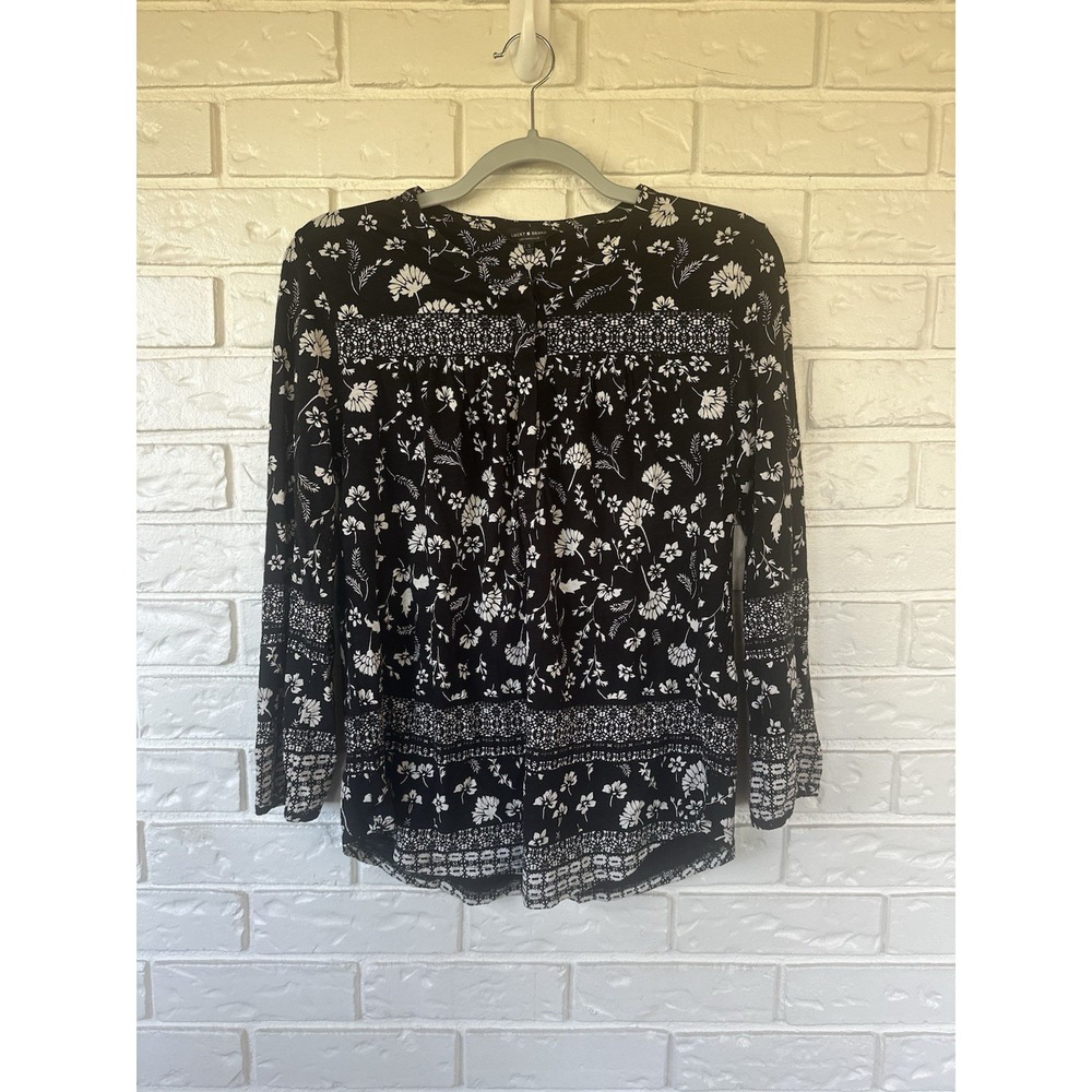 Lucky Brand Black White Floral Boho Peasant Blouse Women's Small Long Sleeve Top